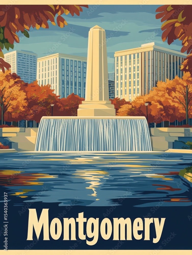 A beautiful monument stands in Montgomery, framed by vibrant autumn leaves. The fountain cascades into a serene water body, reflecting the surrounding city buildings, showcasing nature and urban life.