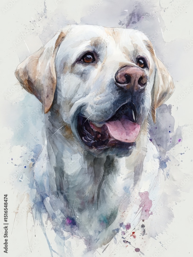 A beautiful portrait captures the essence of a golden Labrador with a friendly expression. The watercolor technique enhances its features and brings the dog to life with soft colors.