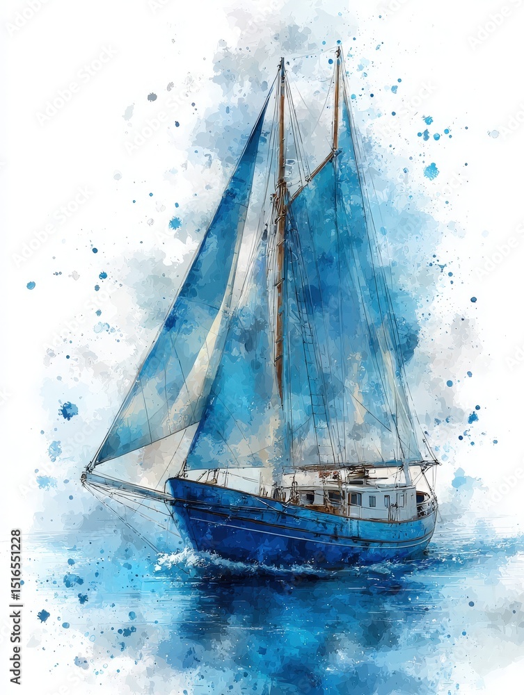 A beautiful sailboat with vibrant blue sails glides smoothly over calm waters, surrounded by a watercolor backdrop of sky and sea blue. The sunlit scene evokes tranquility and adventure.