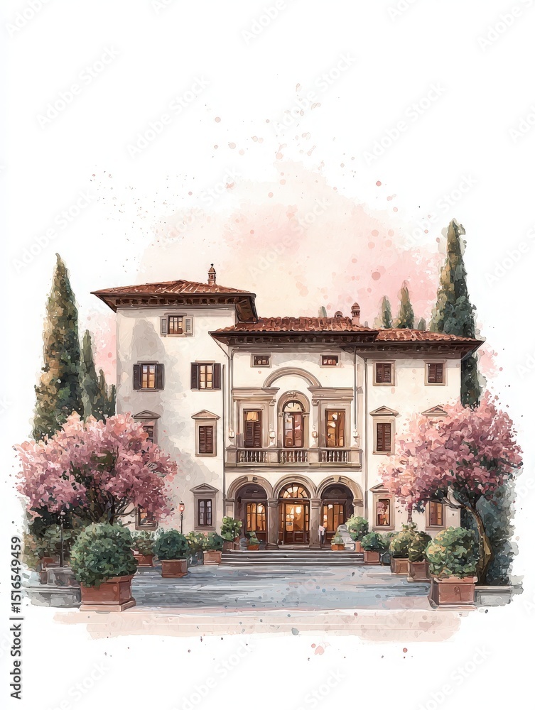 A beautiful villa features classic architecture with ornate detailing and large windows, framed by blooming cherry trees. The atmosphere is peaceful, highlighting the lovely pastel colors of dusk.