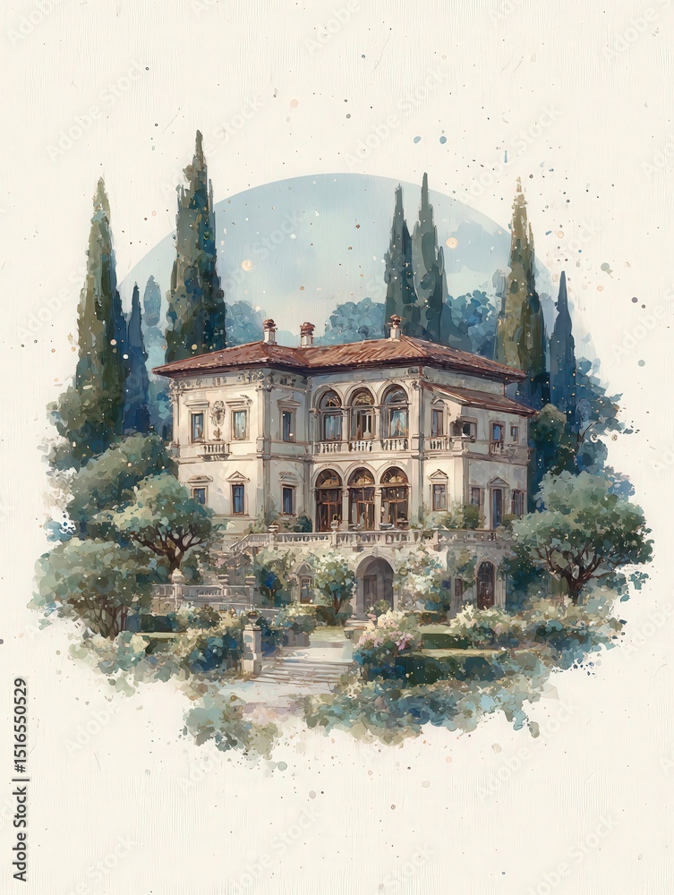 A beautiful villa stands majestically amid tall cypress trees and blooming gardens. The architecture features intricate details and large windows that reflect the serenity of the surrounding nature.