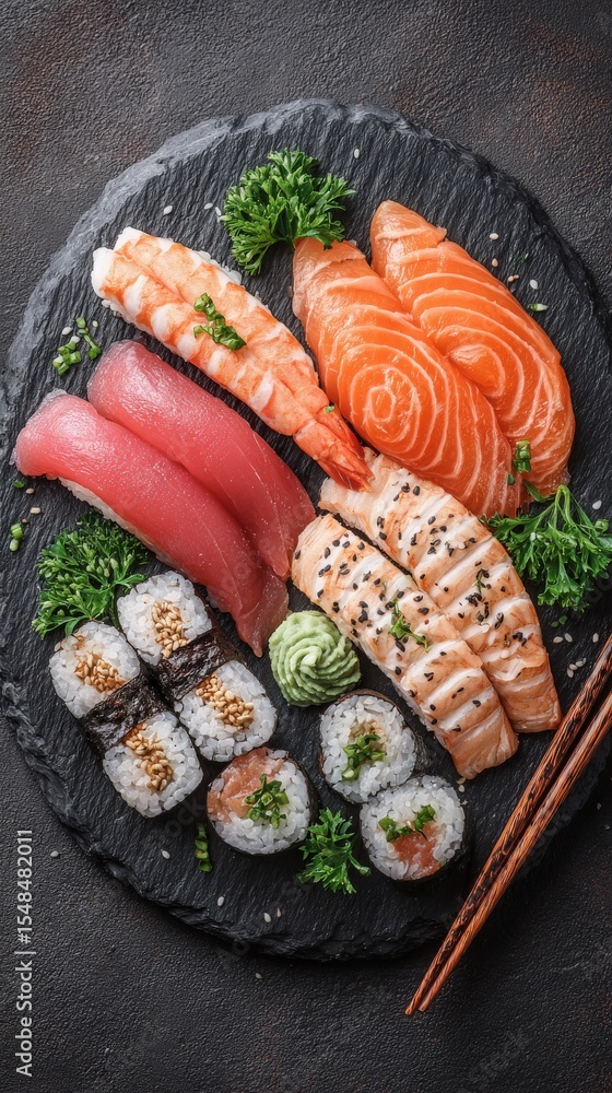 A beautifully arranged platter of sushi showcasing various types of fish, including salmon and tuna, alongside traditional rolls.