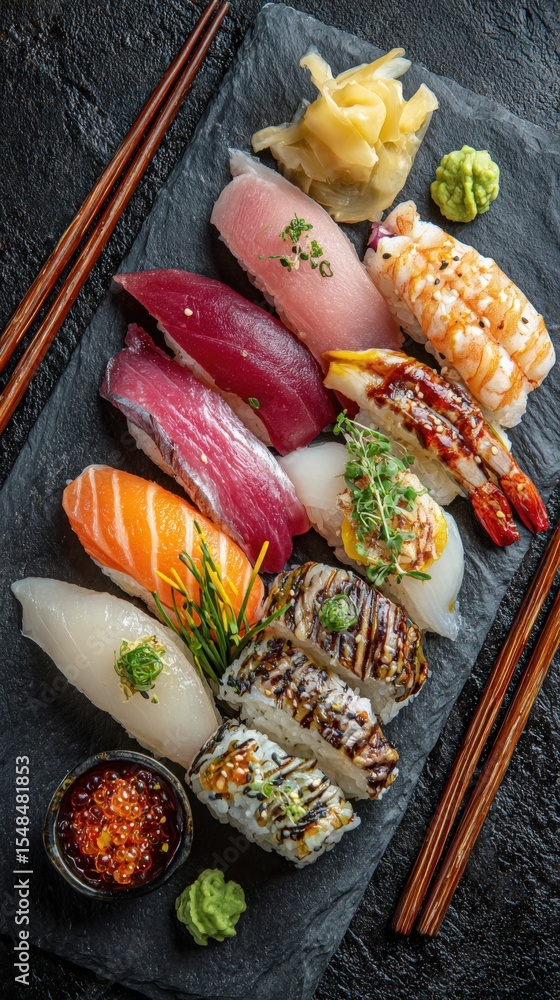 A beautifully arranged platter showcases an assortment of sushi, including salmon, tuna, shrimp, and eel.