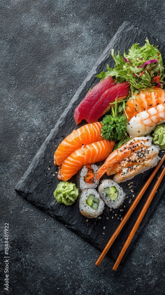 A beautifully arranged sushi platter includes slices of salmon, tuna, and shrimp alongside rolls, wasabi, and a fresh green salad on a textured slate board.