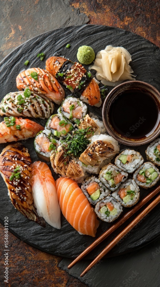 A beautifully arranged sushi platter showcases various types of sushi, including rolls and sashimi, garnished with wasabi and pickled ginger. Perfect for a casual dining experience.