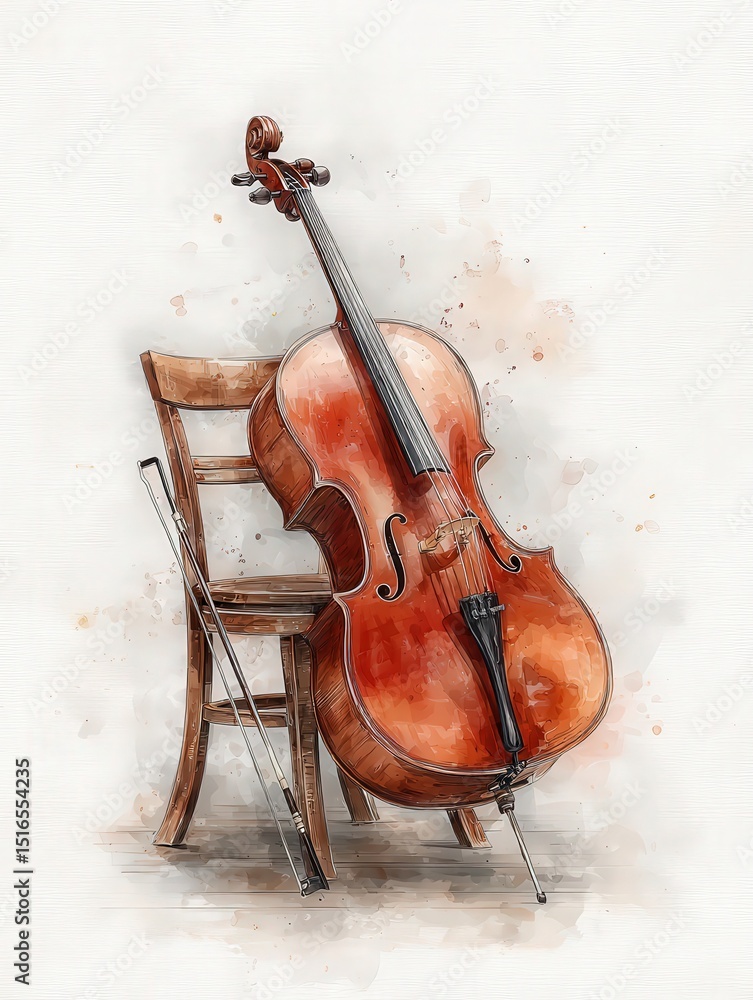 A beautifully crafted cello leans against a wooden chair, with a bow placed gently next to it. The soft colors and watercolor effect create a calming and artistic atmosphere.