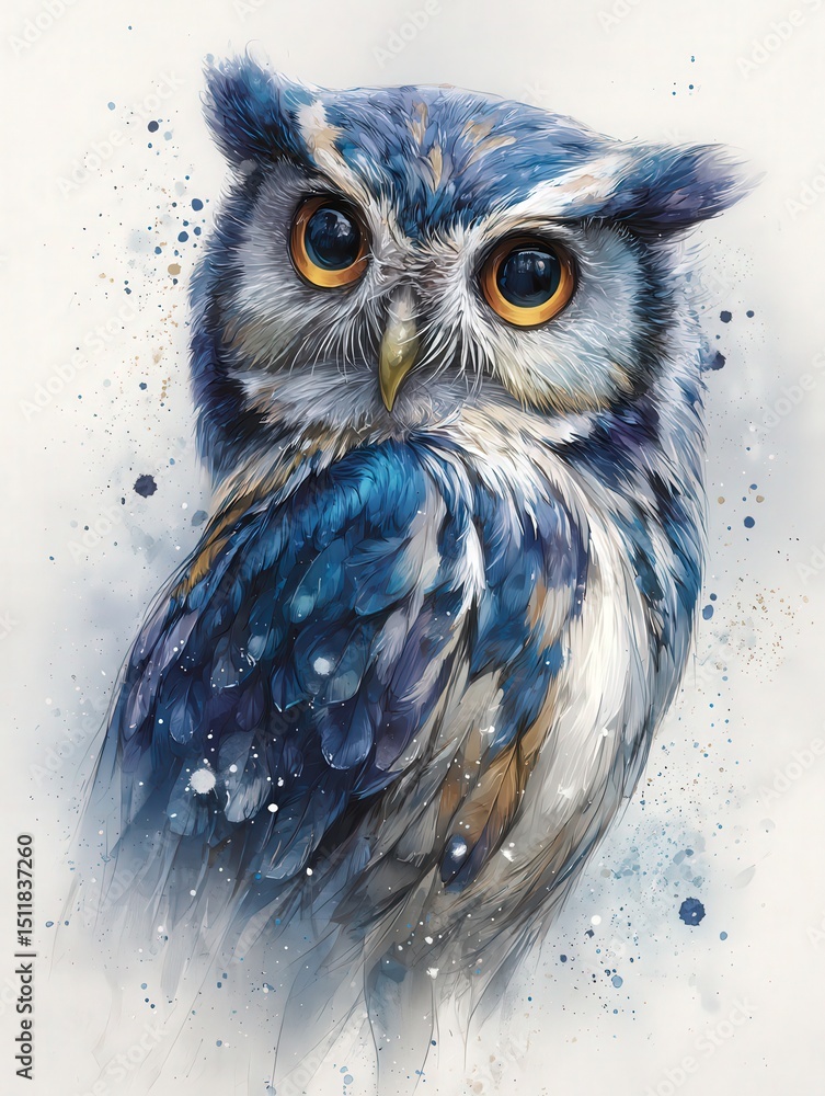 A beautifully crafted illustration of a blue and white owl with striking orange eyes, exuding a sense of wisdom and charm. The artwork features splashes of color that enhance its enchanting presence.