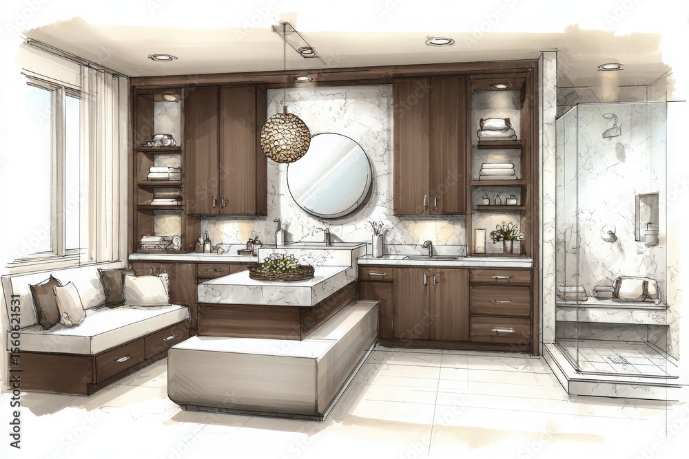 A beautifully designed bathroom showcases chic cabinetry, stylish lighting, and a spacious shower area. The marble accents and modern furnishings create a welcoming atmosphere perfect for relaxation.