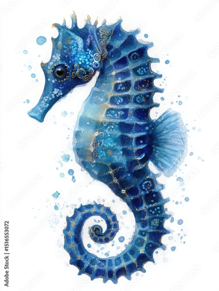 A beautifully detailed blue seahorse adorned with elegant patterns swirls through vibrant hues of blue and turquoise.