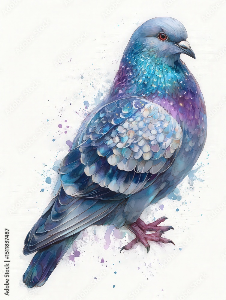 A beautifully detailed pigeon displays its striking iridescent feathers.