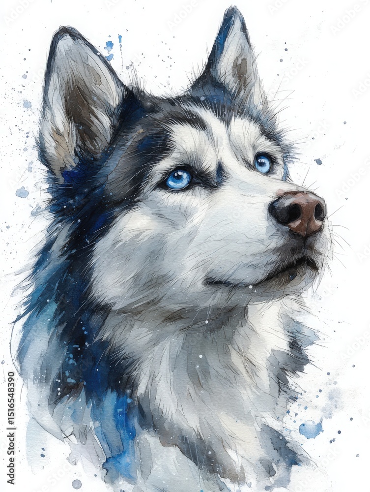 A beautifully rendered husky with captivating blue eyes gazes upward. The artwork showcases intricate fur details and vibrant splashes of color, capturing the dogs expressive nature.