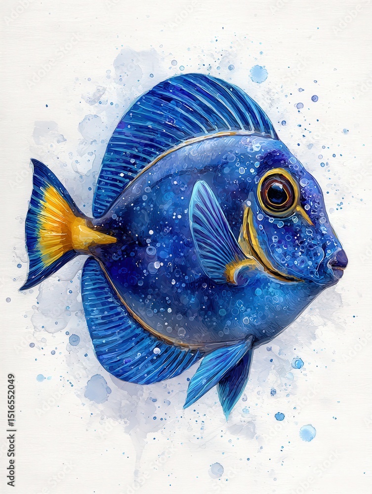 A beautifully rendered illustration of a blue fish displaying vibrant colors and intricate details. The fish features bright yellow accents and is surrounded by a splash of watercolor effects.