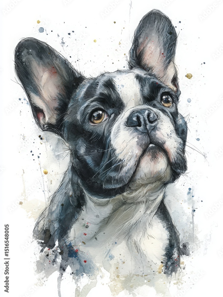 A black and white French bulldog is portrayed with intricate watercolor strokes, highlighting its expressive eyes and distinctive ears.