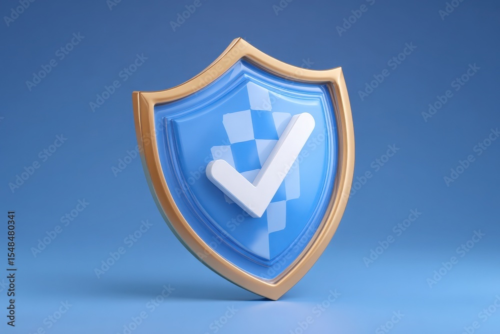 A blue shield with a golden outline and a white checkmark sits on a smooth blue background. This design conveys a sense of security, trust, and approval in a clean and modern style.