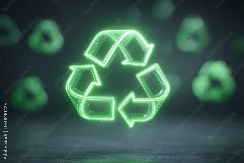 A bright green recycling symbol floats in the foreground against a dark backdrop, with softer recycling icons blurred in the background, emphasizing an eco-friendly theme.