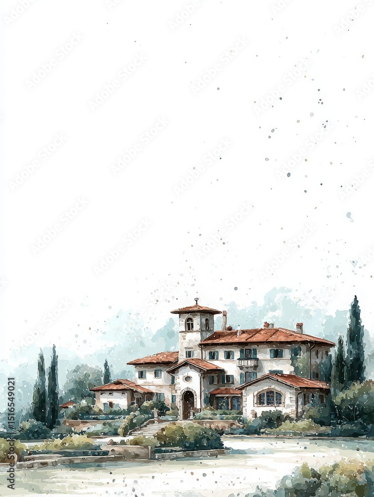 A charming Italian villa features a stunning architectural design with red tile roofs and white walls.