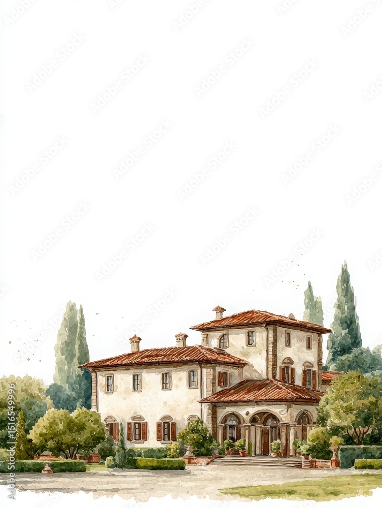 A charming Italian villa features a terracotta roof and elegant architecture, set amidst vibrant gardens and tall cypress trees under a clear sky, creating a serene and picturesque ambiance.