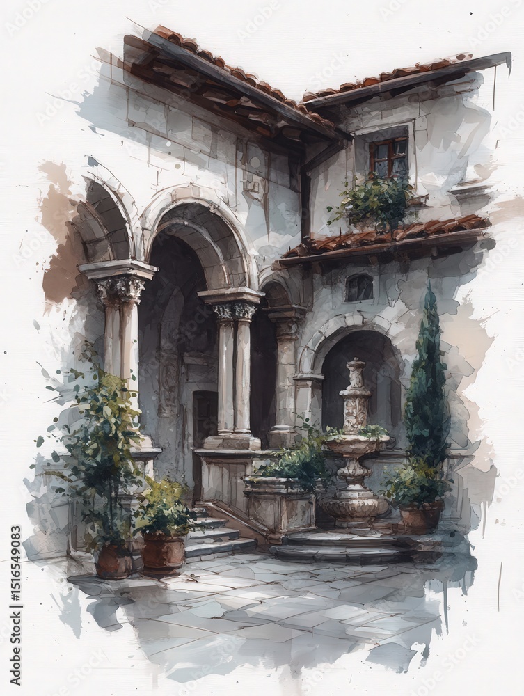 A charming courtyard showcases a detailed stone fountain surrounded by potted plants. Arched columns frame the area, illuminated by gentle natural light. Perfect for relaxation and reflection.
