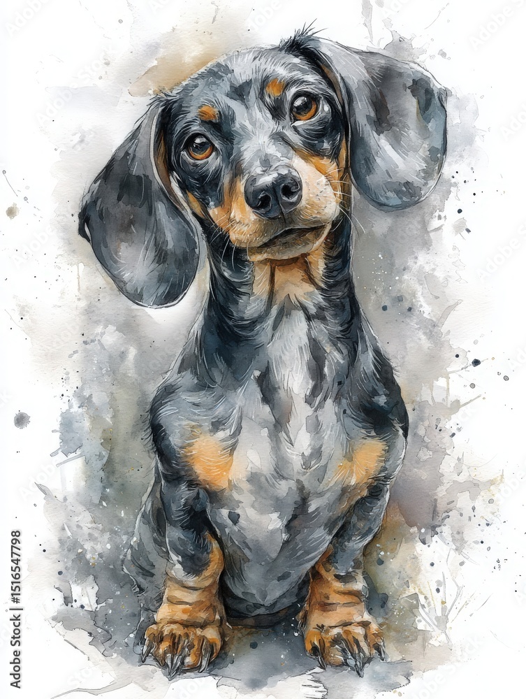 A charming dachshund sits attentively, showcasing its striking gray and brown fur. The background features splashes of watercolor, enhancing its playful nature.