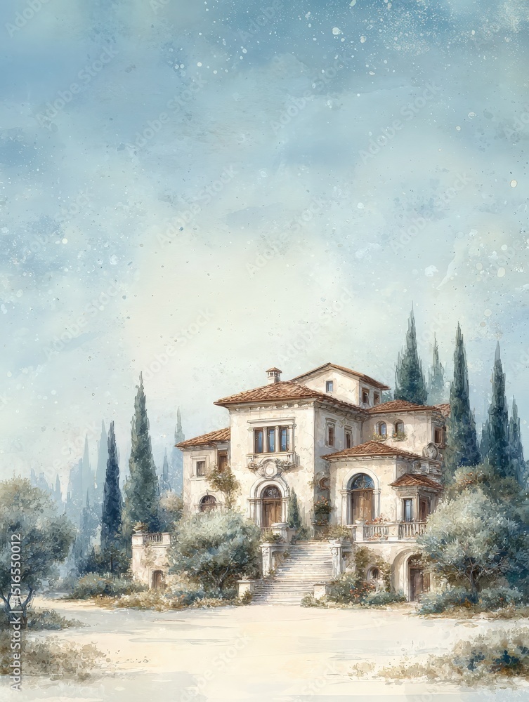 A charming villa features classic architecture with a tiled roof, lush gardens, and tall cypress trees. The serene environment captures a peaceful moment during the evening light.
