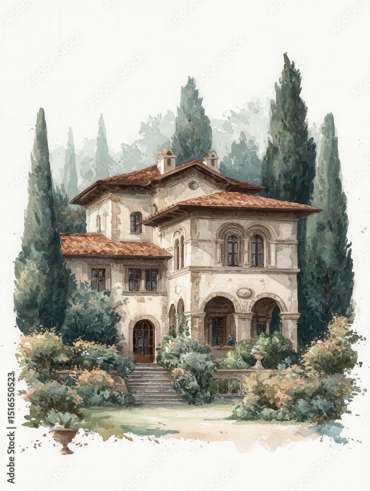 A charming villa showcases stunning architecture with a red-tiled roof and elegant windows. Tall cypress trees and flowering bushes enhance the tranquil setting in the background.