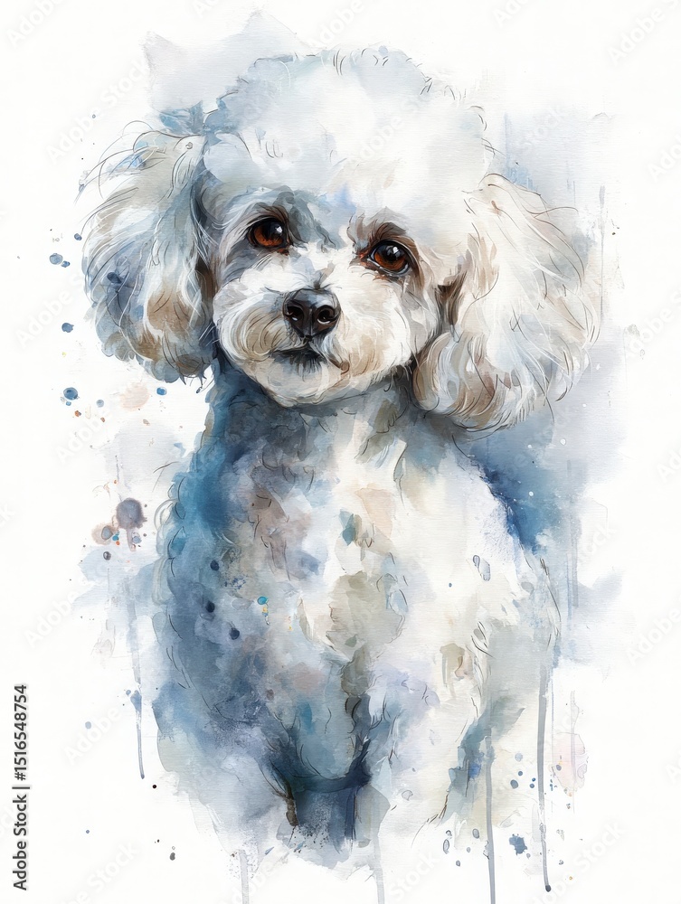 A charming white dog with fluffy curls gazes warmly ahead. The painting displays a blend of soft blue tones, emphasizing the dogs expressive eyes and gentle demeanor.