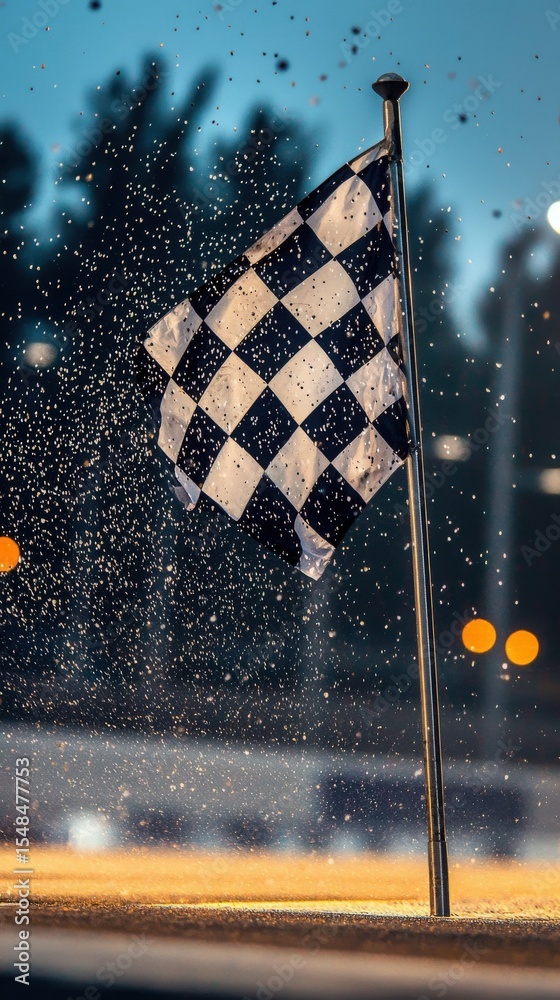 A checkered flag stands proudly on a pole, surrounded by droplets of water. The lights in the background illuminate the track as a race concludes, creating an exciting atmosphere.