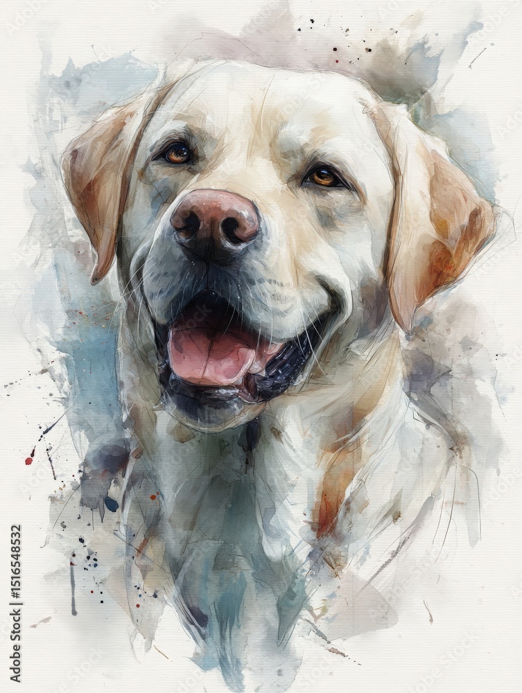 A cheerful labrador retriever is portrayed with a big smile, showcasing its friendly nature. The artwork features soft watercolor strokes that accentuate the dogs warmth and personality.
