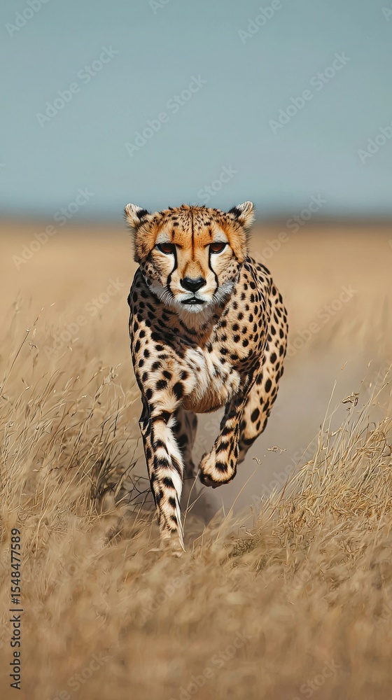 A cheetah races across a golden grassy terrain in a savanna. The big cats sleek body is tense and focused, showcasing its incredible speed and agility under a clear blue sky.