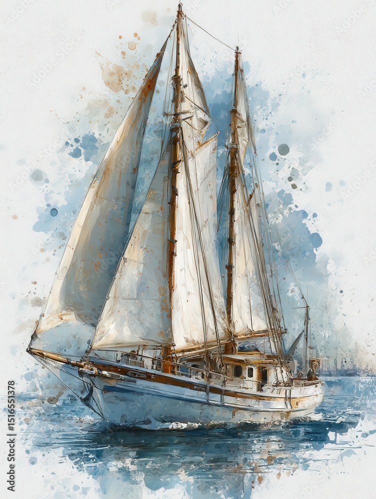 A classic sailing boat with tall masts and billowing sails glides smoothly across tranquil waters. The clear blue sky reflects softly on the gentle waves, creating a serene atmosphere.
