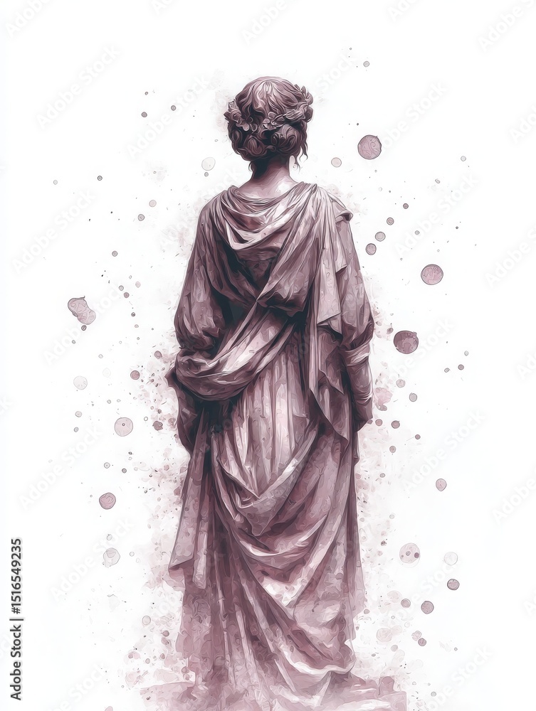 A classical figure stands gracefully, draped in flowing fabric. The back view reveals intricate folds, complemented by a soft, abstract background with gentle color splashes.