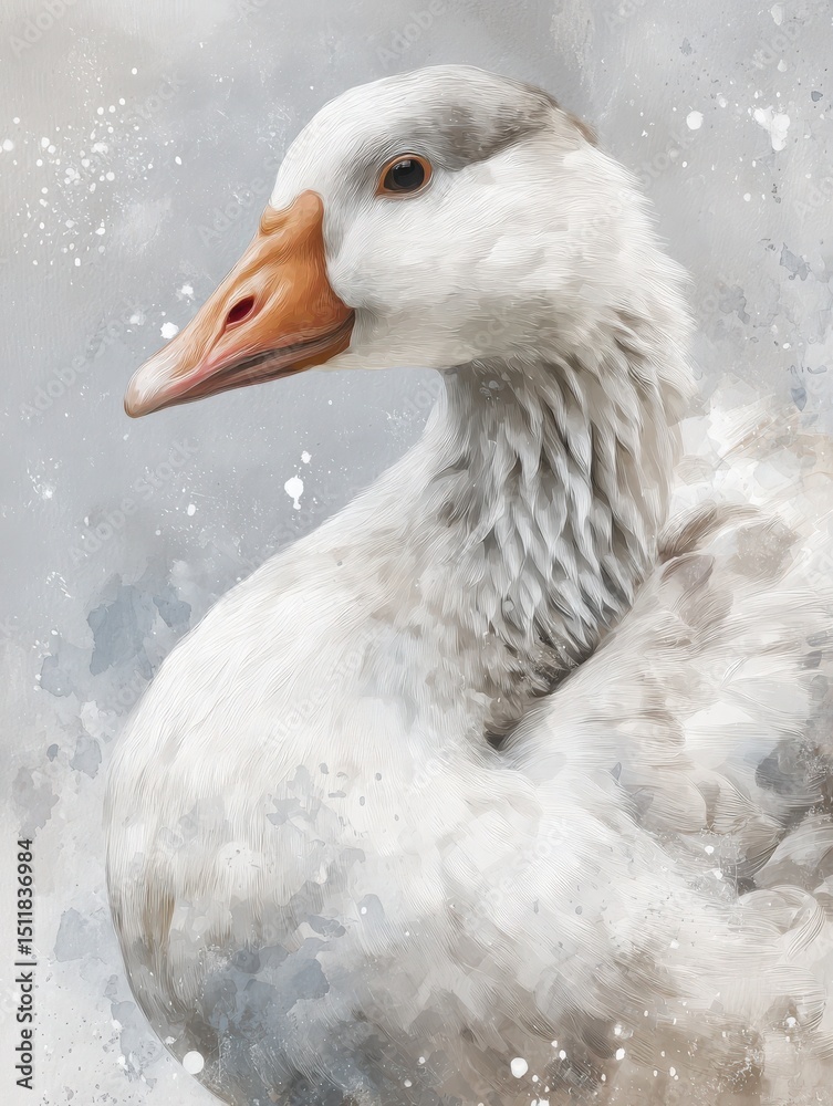 A close-up view of a white goose showcases its soft feathers and calm demeanor. The background is a blend of light colors, enhancing the peaceful nature of the bird.