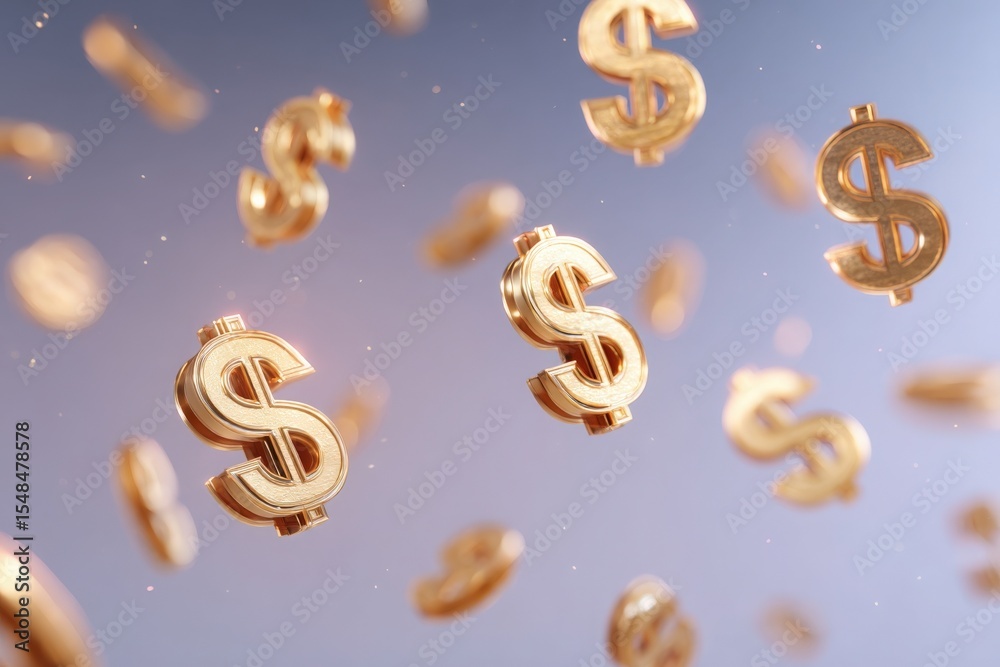 A cluster of golden dollar symbols appears to float in the air, set against a soft gradient background. The visual suggests concepts of wealth, prosperity, and financial success.