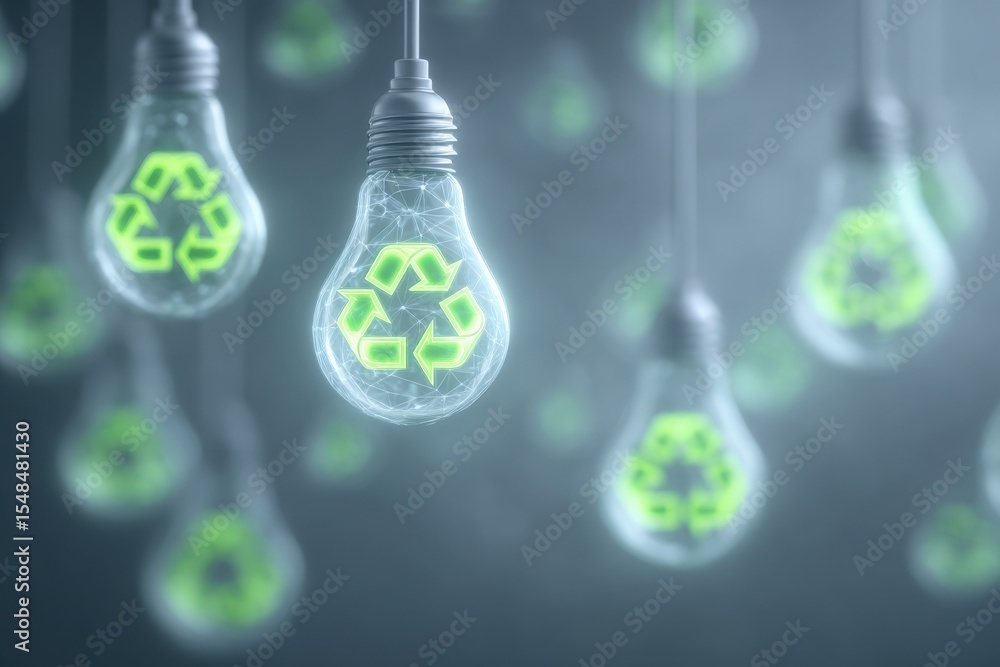 A cluster of illuminated light bulbs featuring green recycling symbols is suspended in a contemporary space. The bulbs radiate a soft glow, highlighting their eco-friendly design.