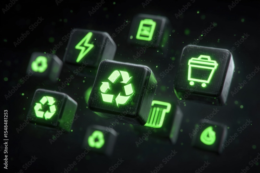 A collection of bright green icons illustrates concepts of recycling, energy, waste management, and conservation.