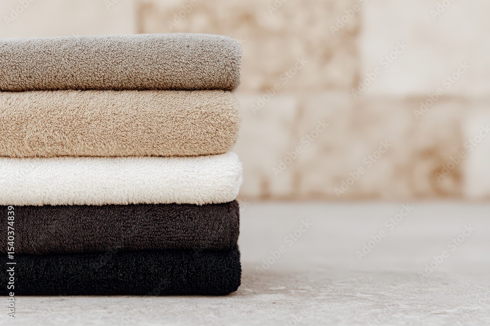 A collection of four luxurious towels arranged in a neat stack, showcasing shades of beige, white, and dark gray. The soft texture and minimalist setting create a sense of tranquility.