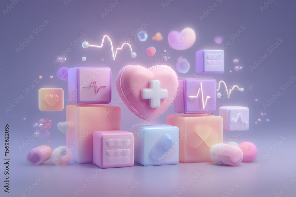 A collection of pastel-colored blocks featuring a heart with a medical cross, health-related symbols, and soft lighting. The arrangement suggests themes of care and wellness in a whimsical fashion.