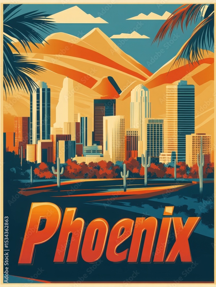 A colorful depiction of Phoenix features modern skyscrapers against a backdrop of majestic mountains and cacti.