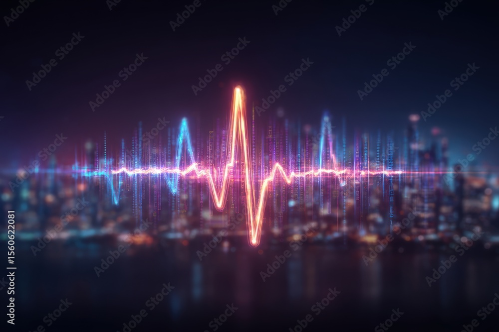 A colorful heartbeat line pulses above a city skyline at night, illuminated by city lights. The vibrant colors create a visually striking representation of life and energy against a dark background.