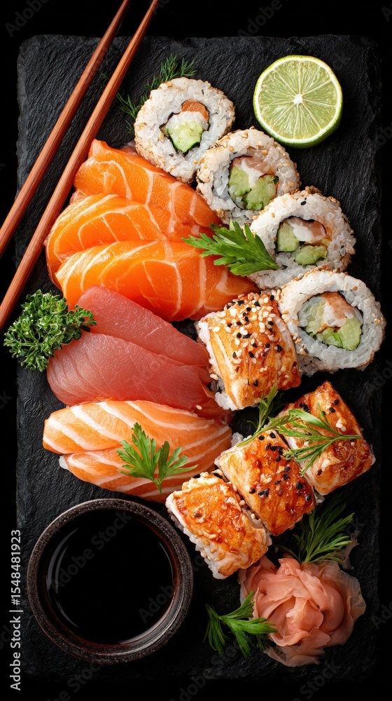 A colorful platter showcases sushi rolls, sashimi, and garnishes. Salmon, tuna, and cucumber rolls are beautifully arranged on a black stone surface, enhanced by lime and herbs.