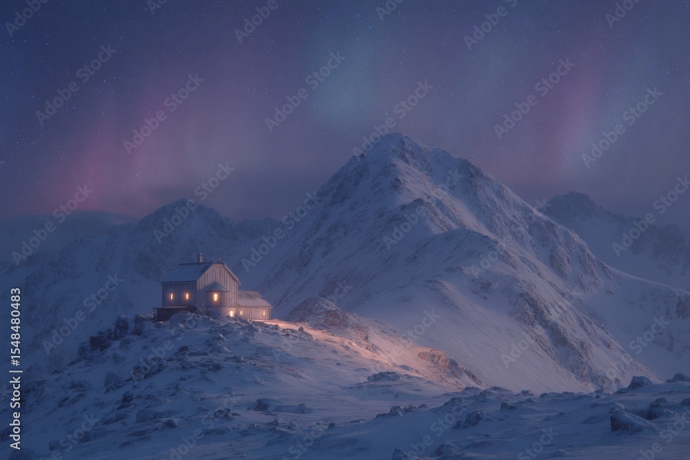 A cozy cabin stands atop a snow-covered mountain, illuminated warmly against the backdrop of the twilight sky. The vibrant northern lights dance above the rugged peaks, creating a serene winter scene.