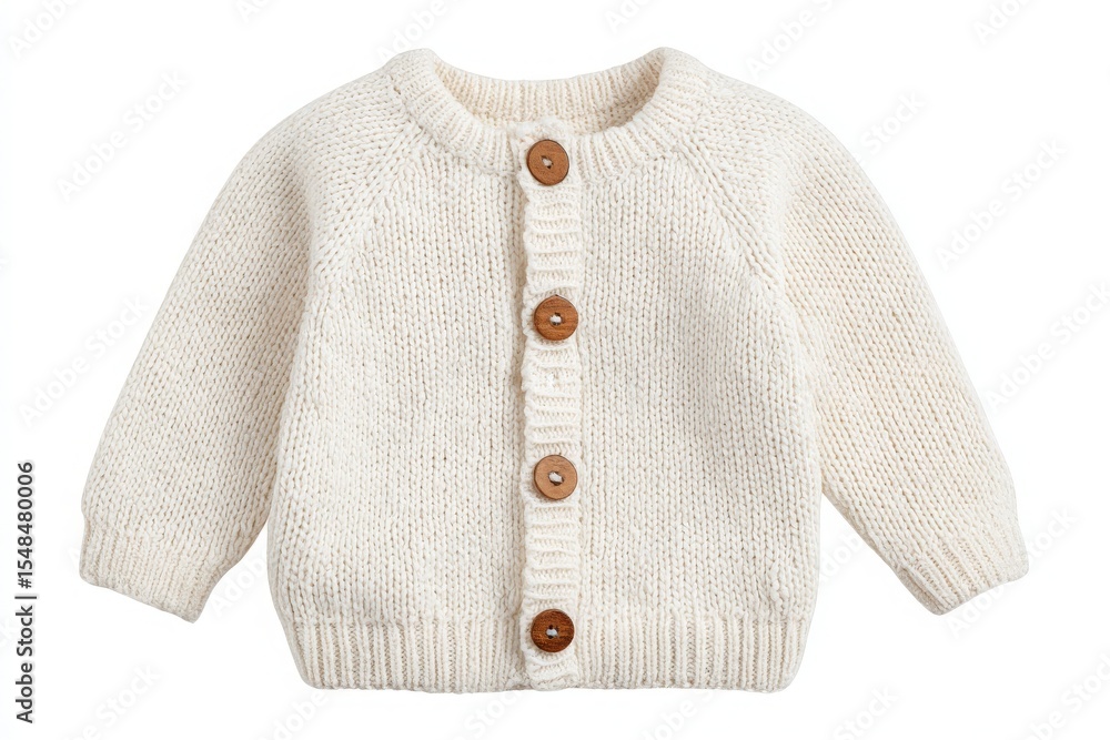A cozy cream knitted cardigan designed for infants features a button-up front with wooden buttons. Its soft texture and warm material make it perfect for cool weather.