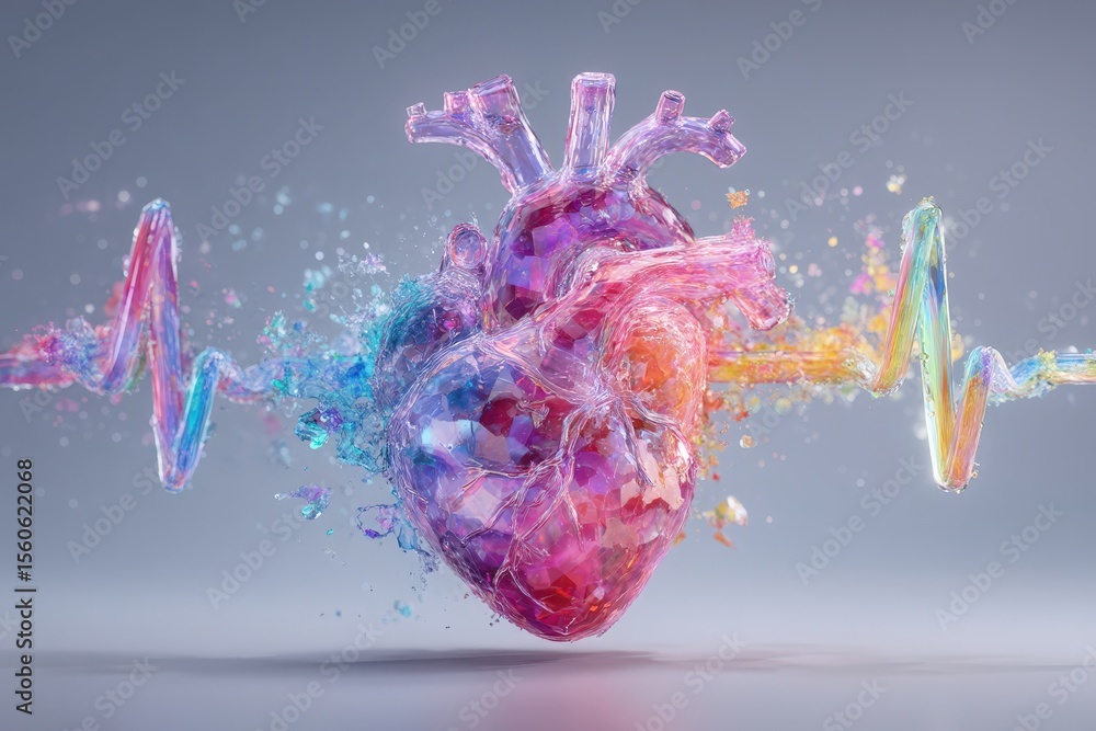 A detailed, artistic rendering of a heart made from crystal-like material, surrounded by dynamic splashes of color and a pulsating wave illustrating a heartbeat, creating an engaging visual.