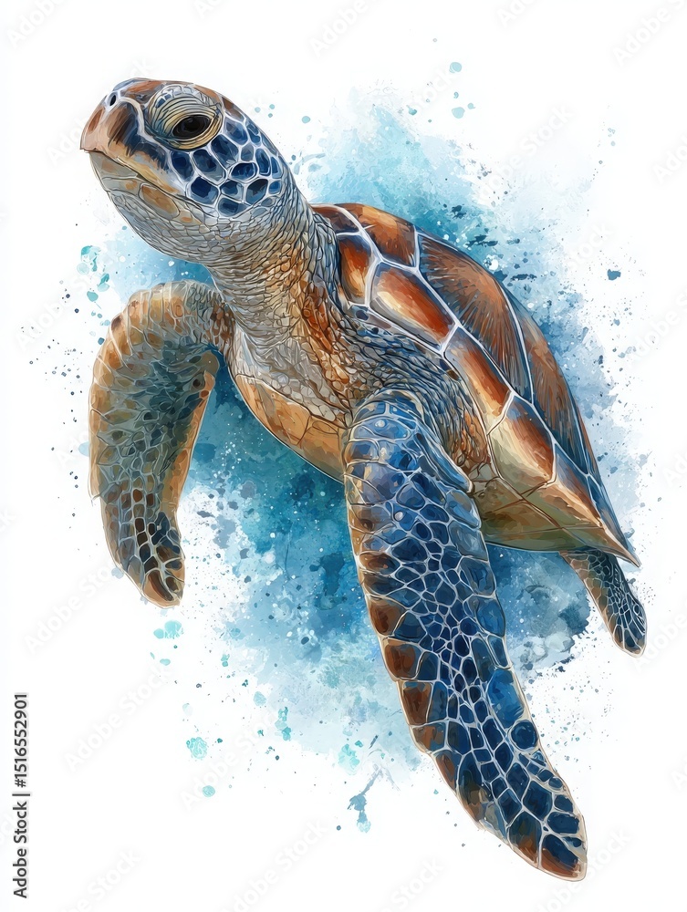 A detailed depiction of a sea turtle gliding through crystal-clear waters, showcasing its intricate shell patterns and vibrant colors.