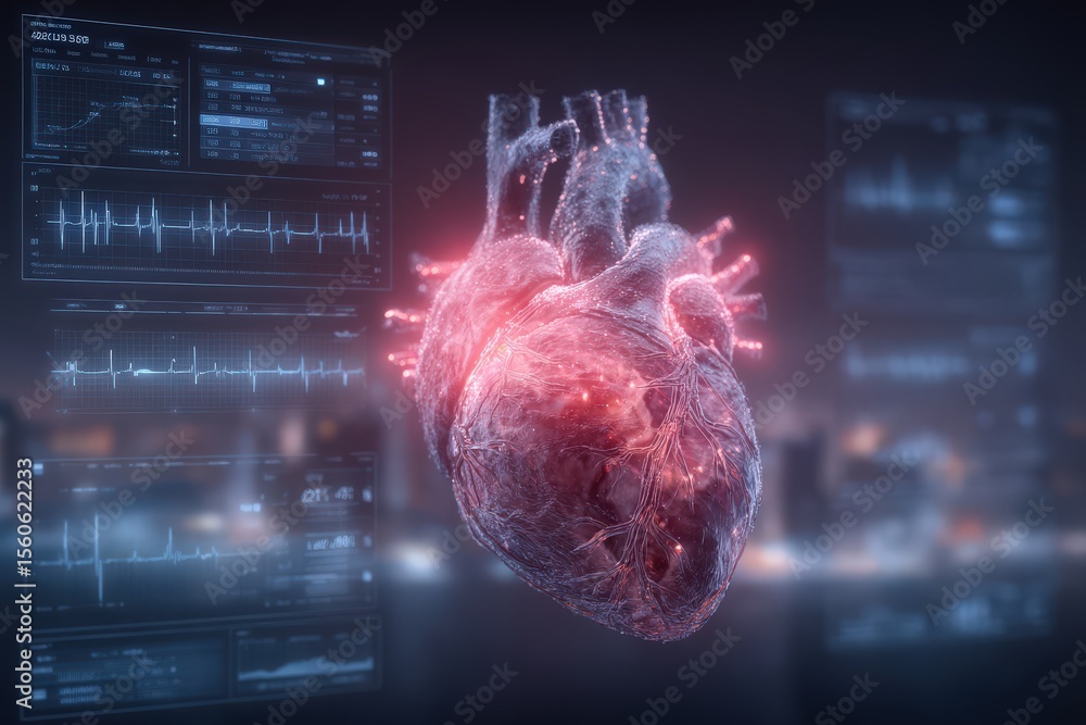A detailed digital model of a human heart floats in space, surrounded by glowing elements representing data. Charts and graphs displaying vital signs and heart activity are visible in the background.