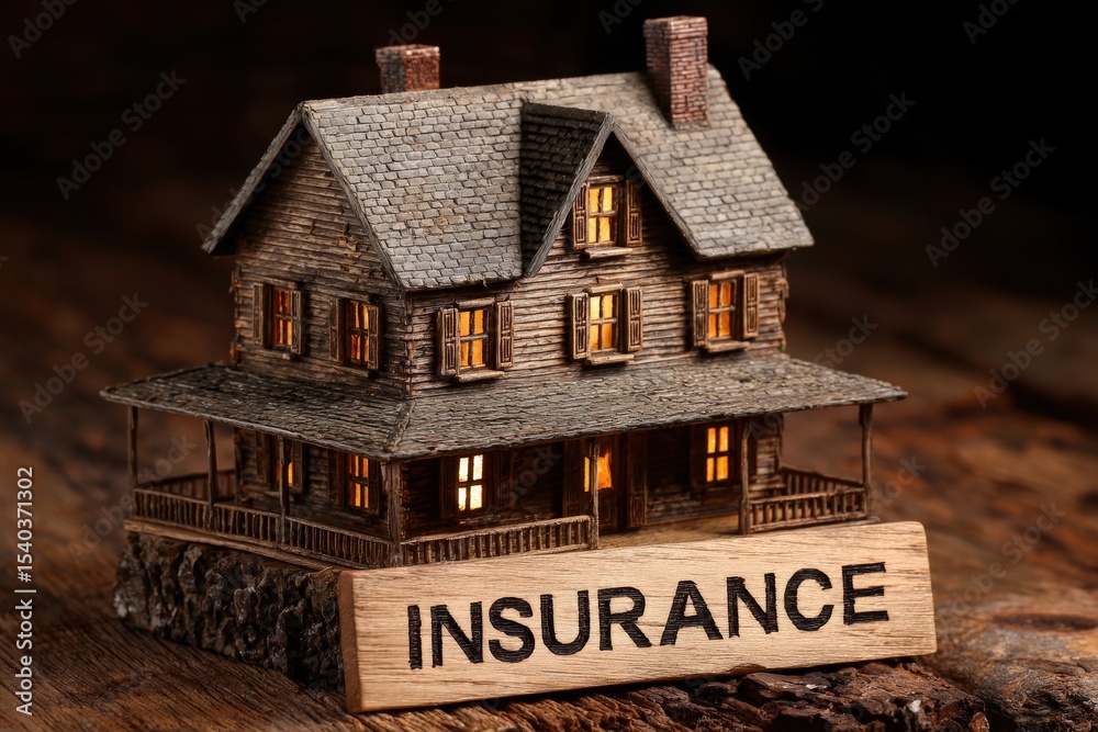 A detailed miniature wooden house is showcased on a rustic surface with warm lights glowing from its windows.