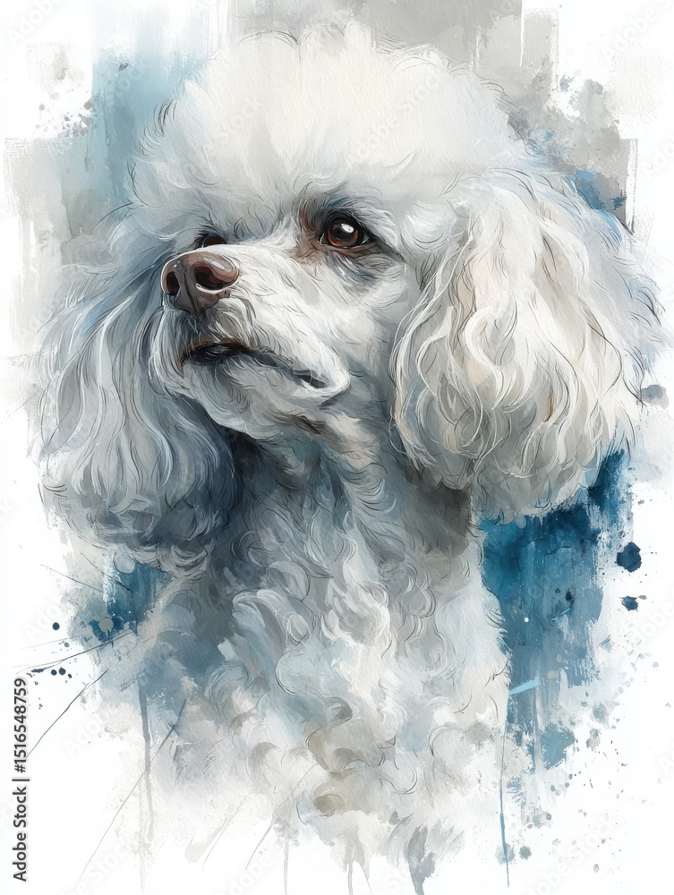 A detailed portrayal of a white poodle features its curly fur and expressive eyes.