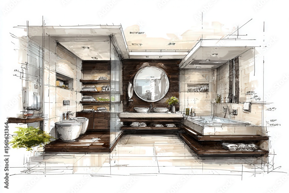 A detailed sketch illustrates a modern bathroom design featuring elegant fixtures, ample storage, and an inviting atmosphere. The layout emphasizes functionality while maintaining style.