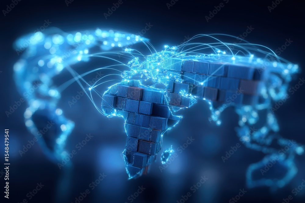 A digital map highlights global connections marked by bright lines and nodes, symbolizing data transfer and communication across continents.