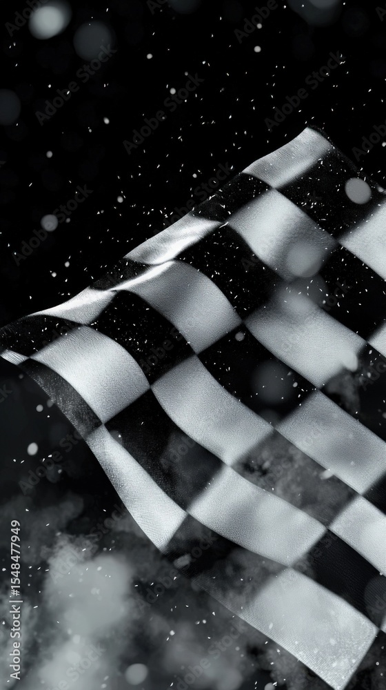 A dynamic checkered flag flutters in the air as snow falls around it. The atmosphere captures the excitement of a sporting event, celebrating victory or finishing the race amidst a winter backdrop.
